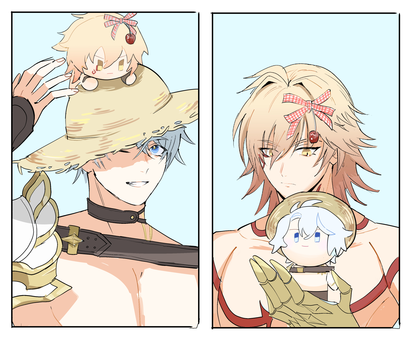 mydei (honkai: star rail), phainon (honkai: star rail), honkai: star rail, honkai (series), commentary request, highres, 2boys, antenna hair, arm tattoo, armor, black choker, blonde hair, blue eyes, braid, character doll, chest tattoo, choker, clawed gauntlets, doll, facial tattoo, gradient hair, hat, hino 1407, male focus, medium hair, multicolored hair, multiple boys, neck tattoo, parted bangs, pauldrons, red hair, red tattoo, short hair, shoulder armor, side braid, single pauldron, straw hat, sun symbol, sun tattoo, tan, tattoo, topless male, white hair, yellow eyes