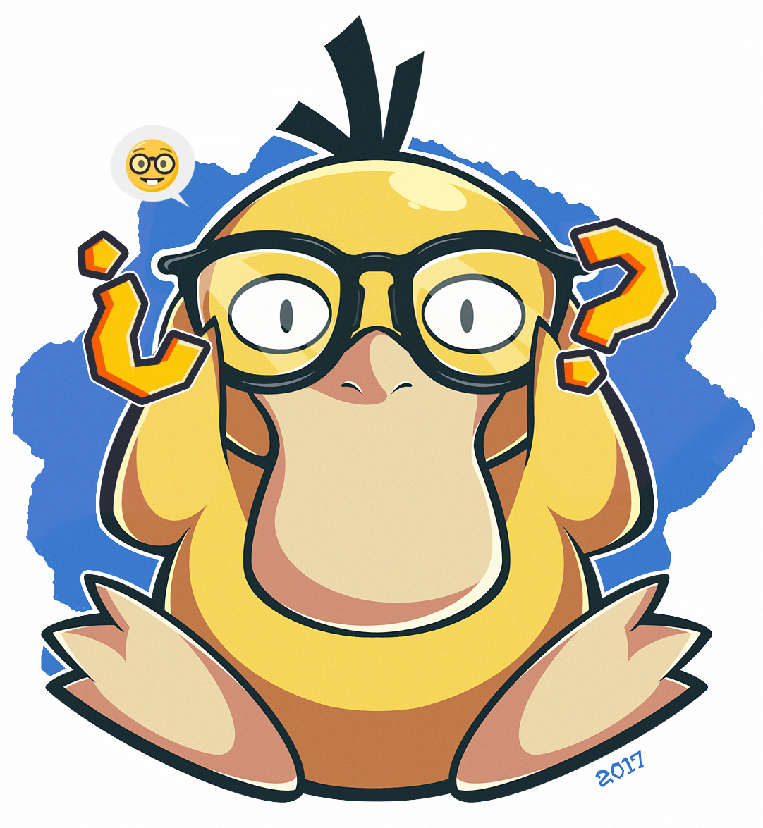 woofzilla, psyduck, nintendo, pokemon, ?, bespectacled, black eyes, closed mouth, dated, full body, gen 1 pokemon, glasses, looking at viewer, nerd emoji, no humans, nostrils, pokemon (creature), pokemon focus, sitting, solo, spoken emoji