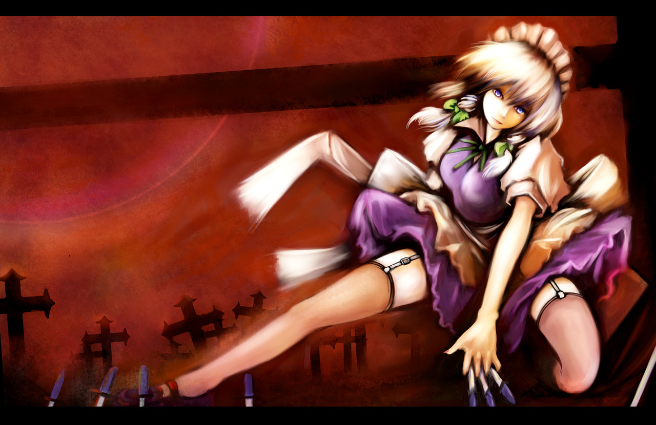 usual, izayoi sakuya, touhou, silver hair, bad id, bad pixiv id, 1girl, apron, blue eyes, braid, breasts, female focus, garter belt, gradient background, hairband, knife, letterboxed, maid, maid apron, maid headdress, outdoors, short hair, sky, solo, thighhighs, twin braids, underwear