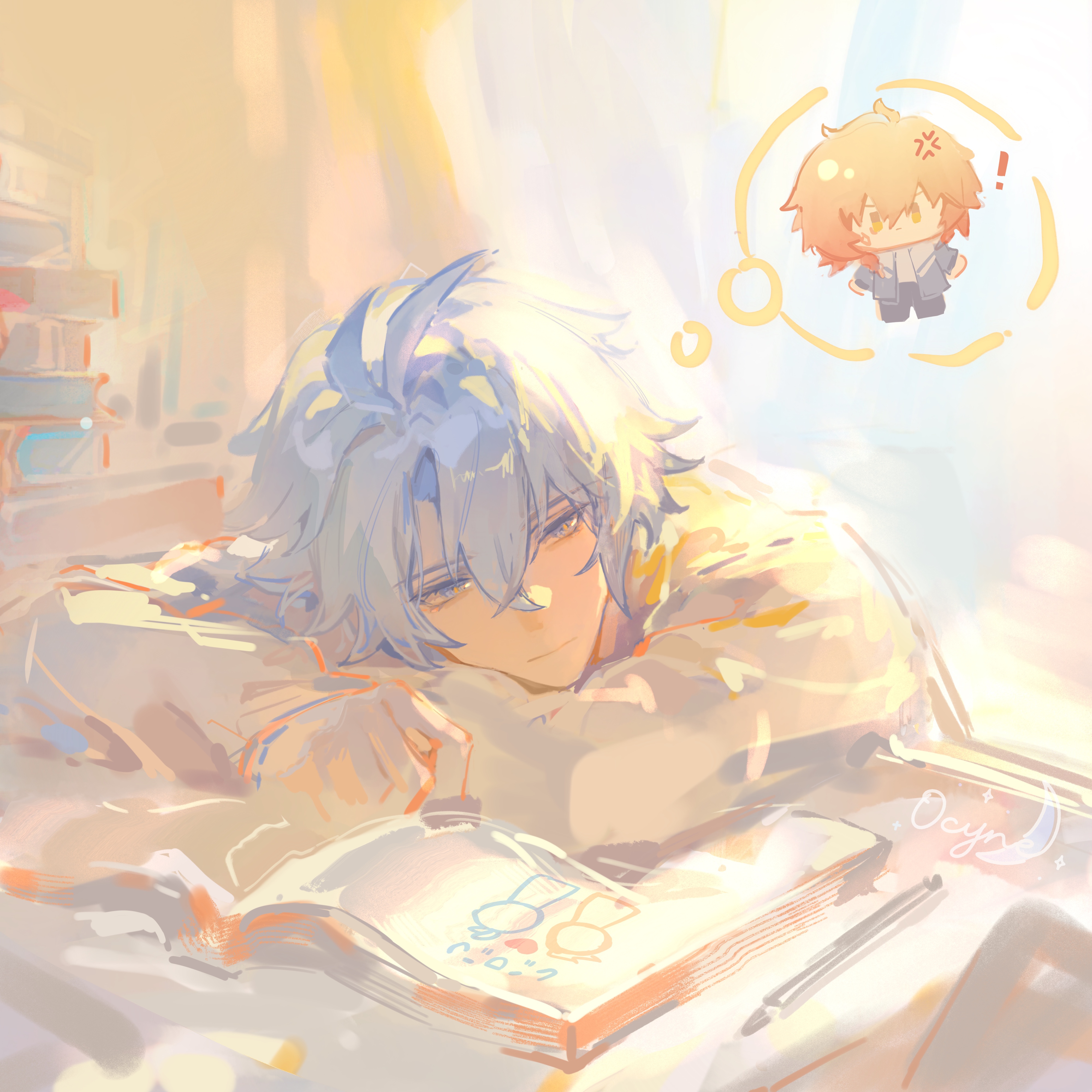 yuqiu777, mydei (honkai: star rail), phainon (honkai: star rail), honkai: star rail, honkai (series), absurdres, chinese commentary, commentary request, highres, !, 2boys, anger vein, antenna hair, artist name, blonde hair, blue eyes, character doll, doll, gradient hair, head down, male focus, multicolored hair, multiple boys, parted bangs, red hair, shirt, short hair, white hair, white shirt