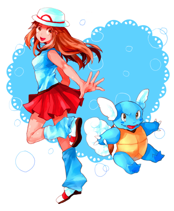 dada, dada (dolce), leaf (pokemon), wartortle, nintendo, pokemon, pokemon frlg, 00s, 1girl, boots, breasts, brown eyes, brown hair, gen 1 pokemon, hat, heart, long hair, loose socks, pleated skirt, pokemon (creature), porkpie hat, skirt, smile, socks