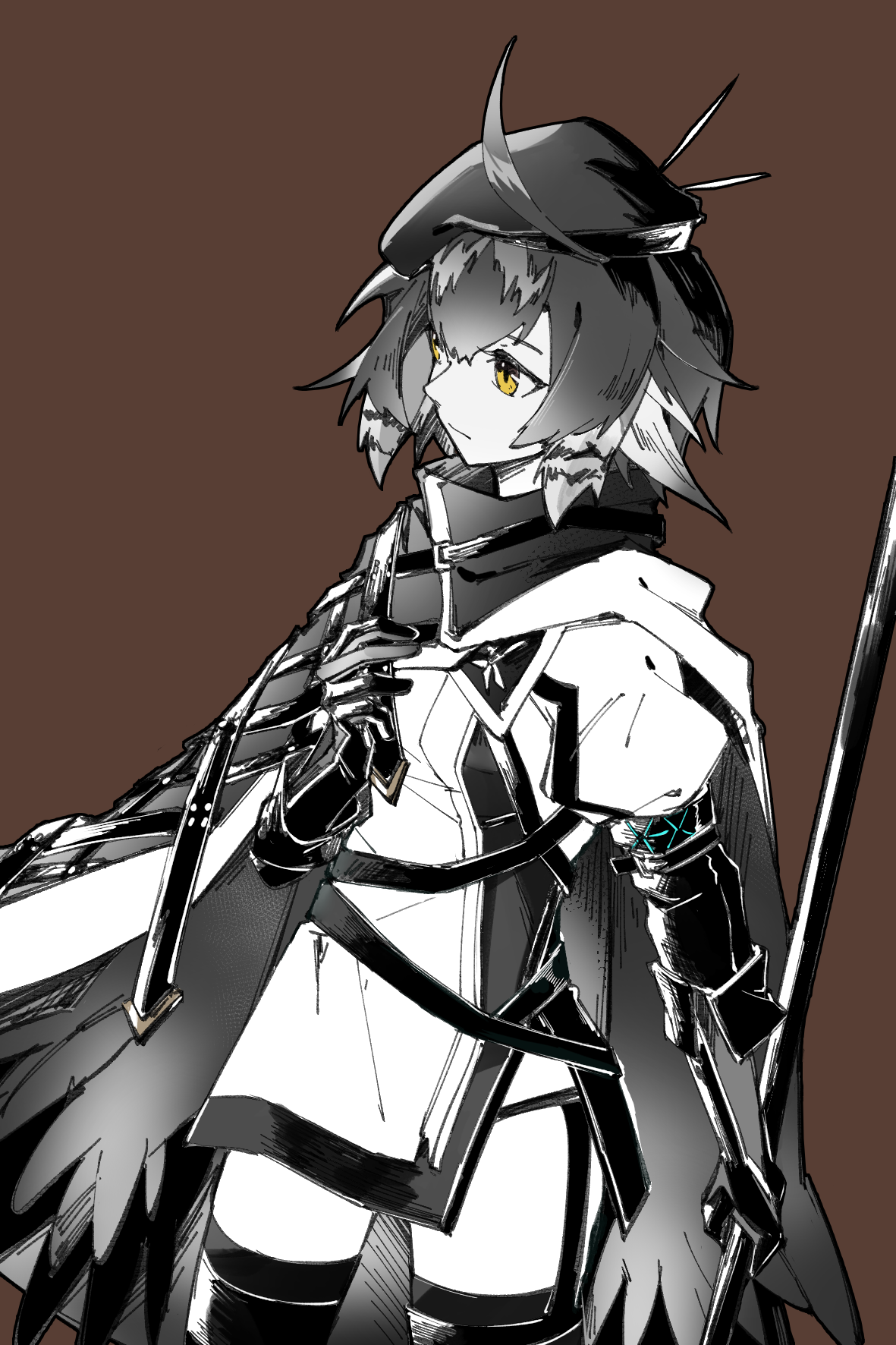 piaoliu ping ping ping pingzi, infection monitor (arknights), plume (arknights), arknights, chinese commentary, commentary request, highres, 1girl, beret, brown background, cape, closed mouth, cowboy shot, dress, gloves, hair between eyes, hat, holding, looking ahead, partially colored, short dress, short hair, simple background, solo, standing, thighhighs, yellow eyes