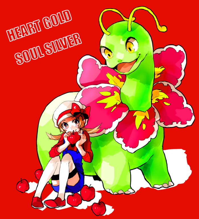 dada, dada (dolce), lyra (pokemon), meganium, nintendo, pokemon, pokemon hgss, 00s, 1girl, apple, brown hair, food, fruit, gen 2 pokemon, hat, hat ribbon, holding, holding food, holding fruit, kneehighs, newsboy cap, overalls, pokemon (creature), red ribbon, ribbon, short twintails, smile, socks, thighhighs, twintails, white socks, white thighhighs