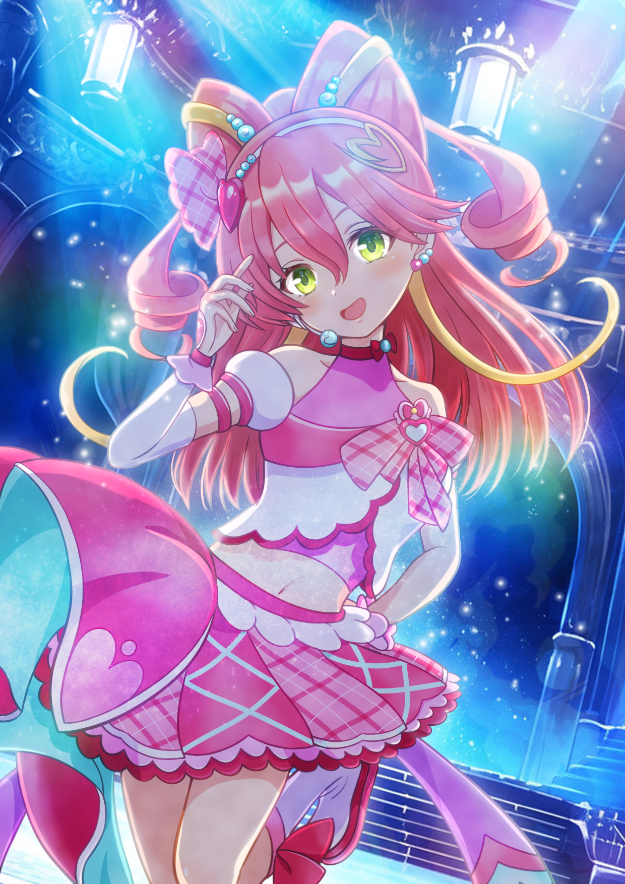 asukamama89, cure idol, sakura miko, hololive, kimi to idol precure, precure, commentary, highres, 1girl, :d, arm warmers, bare shoulders, blush, boots, bow, bow-shaped hair, bow choker, breasts, bridal gauntlets, brooch, choker, collarbone, color connection, colored shoe soles, cosplay, cowboy shot, crop top, cure idol (cosplay), detached sleeves, double-parted bangs, drill hair, dutch angle, earrings, fingernails, green eyes, hair between eyes, hair bun, hair ornament, hair ribbon, hairband, hand up, headset, heart, heart brooch, idol, idol heart brooch (precure), impossible hair, jewelry, knee boots, leg up, legs together, light particles, long hair, looking at viewer, magical girl, medium breasts, midriff, multicolored boots, navel, open mouth, pink boots, pink bow, pink bridal gauntlets, pink skirt, pink wrist cuffs, plaid bow, plaid clothes, plaid skirt, puffy detached sleeves, puffy sleeves, ribbon, single arm warmer, single earring, skirt, smile, solo, spotlight, stage, stage lights, standing, standing on one leg, twin drills, two-tone boots, virtual youtuber, white arm warmers, white boots, white hairband, wrist cuffs, yellow ribbon