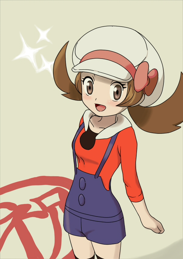 luv, lyra (pokemon), nintendo, pokemon, pokemon hgss, bad id, bad pixiv id, 00s, 1girl, bow, brown eyes, brown hair, female focus, hat, hat ribbon, hood, hoodie, newsboy cap, overalls, red ribbon, ribbon, short twintails, smile, solo, sparkle, thighhighs, twintails