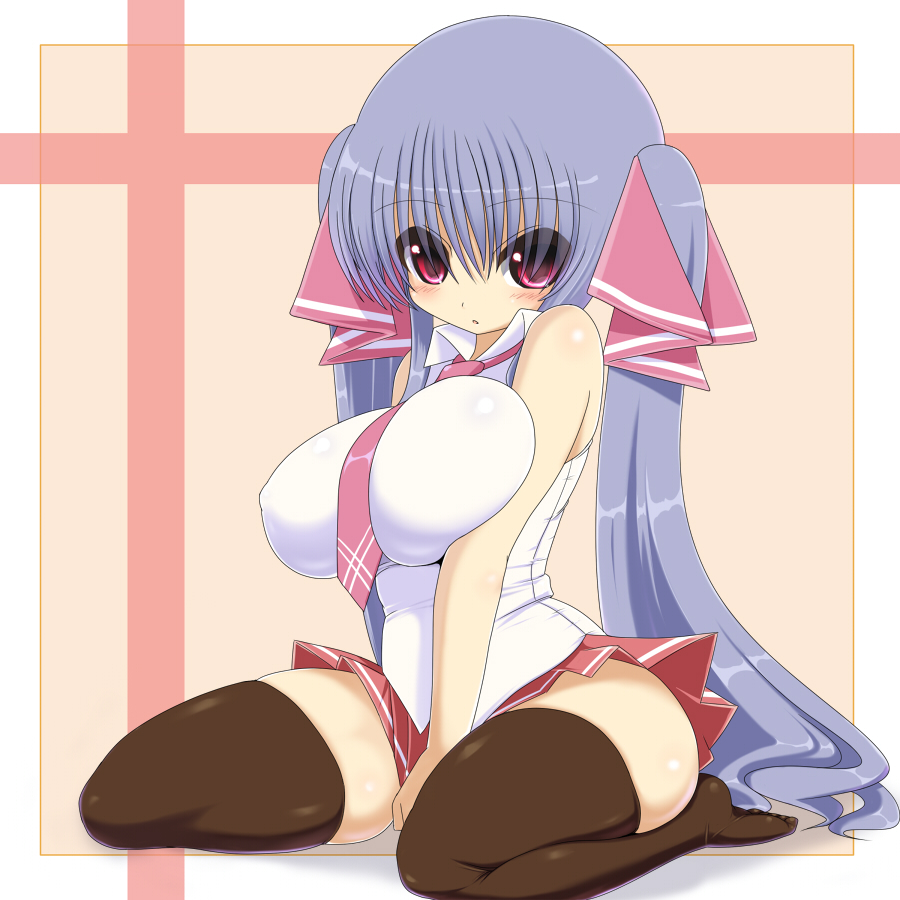 shuz (dodidu), riko (shuz), original, 1girl, bare shoulders, black thighhighs, blue hair, blush, breasts, female focus, hair ornament, hair ribbon, hip focus, huge breasts, long hair, necktie, no shoes, open mouth, pleated skirt, red eyes, ribbon, school uniform, shortstack, simple background, sitting, skirt, solo, thighhighs, twintails, very long hair, wide hips, zettai ryouiki
