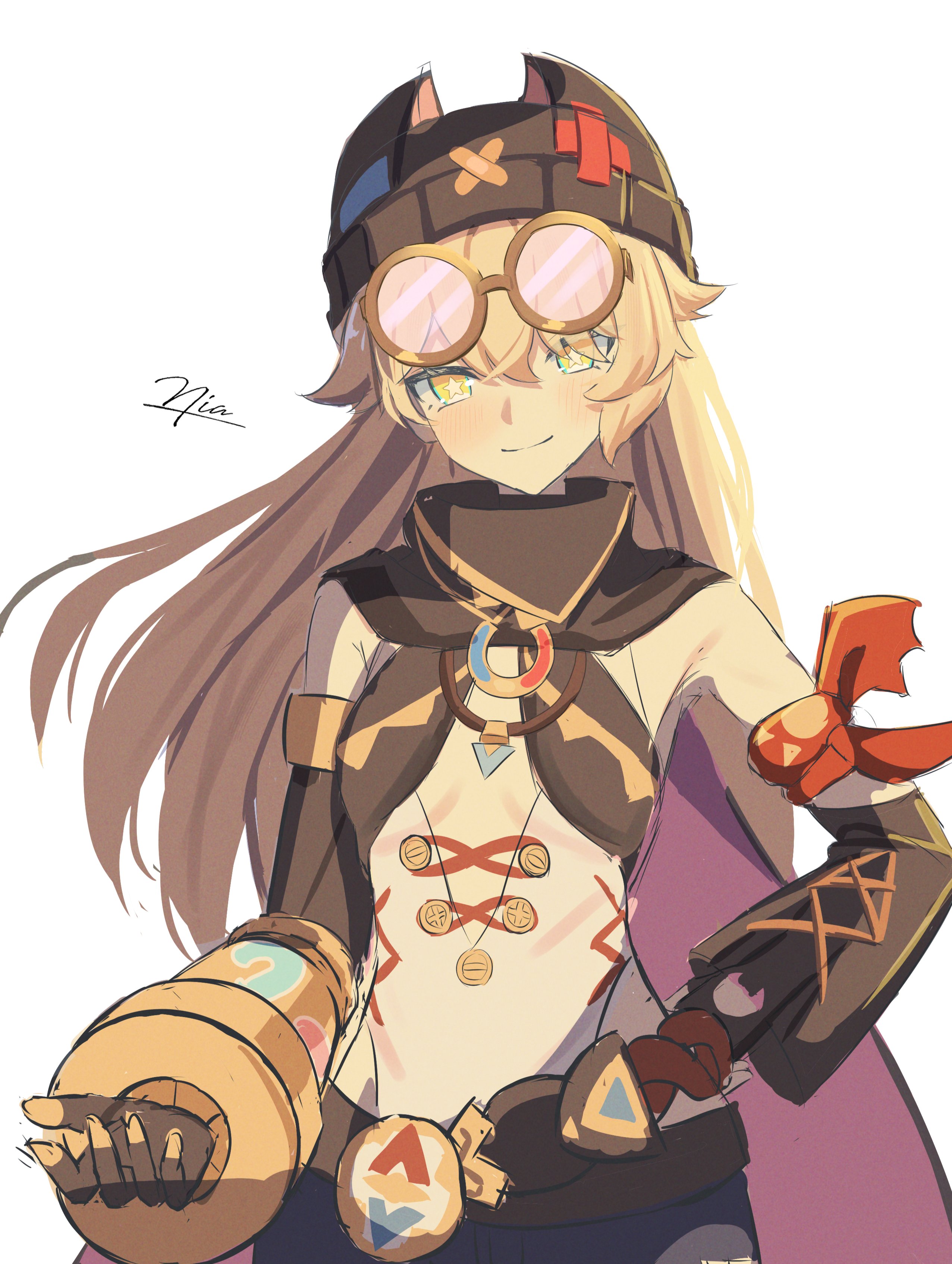 niadn nb, jahoda (genshin impact), genshin impact, absurdres, highres, 1girl, alternate hairstyle, animal ear headwear, beanie, blonde hair, breasts, center opening, fake animal ears, gloves, goggles, goggles on head, hair down, hat, long hair, looking at viewer, mechanical arms, pink-tinted eyewear, prosthesis, prosthetic arm, single mechanical arm, small breasts, star-shaped pupils, star (symbol), symbol-shaped pupils, tinted eyewear, upper body