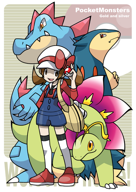 kumadarake, kumano sakunosuke, feraligatr, lyra (pokemon), meganium, typhlosion, nintendo, pokemon, pokemon hgss, 00s, 1girl, bag, brown eyes, brown hair, copyright name, gen 2 pokemon, hat, hat ribbon, holding, holding poke ball, kneehighs, newsboy cap, overalls, poke ball, pokemon (creature), red ribbon, ribbon, shoes, short twintails, sneakers, socks, starter pokemon trio, thighhighs, twintails