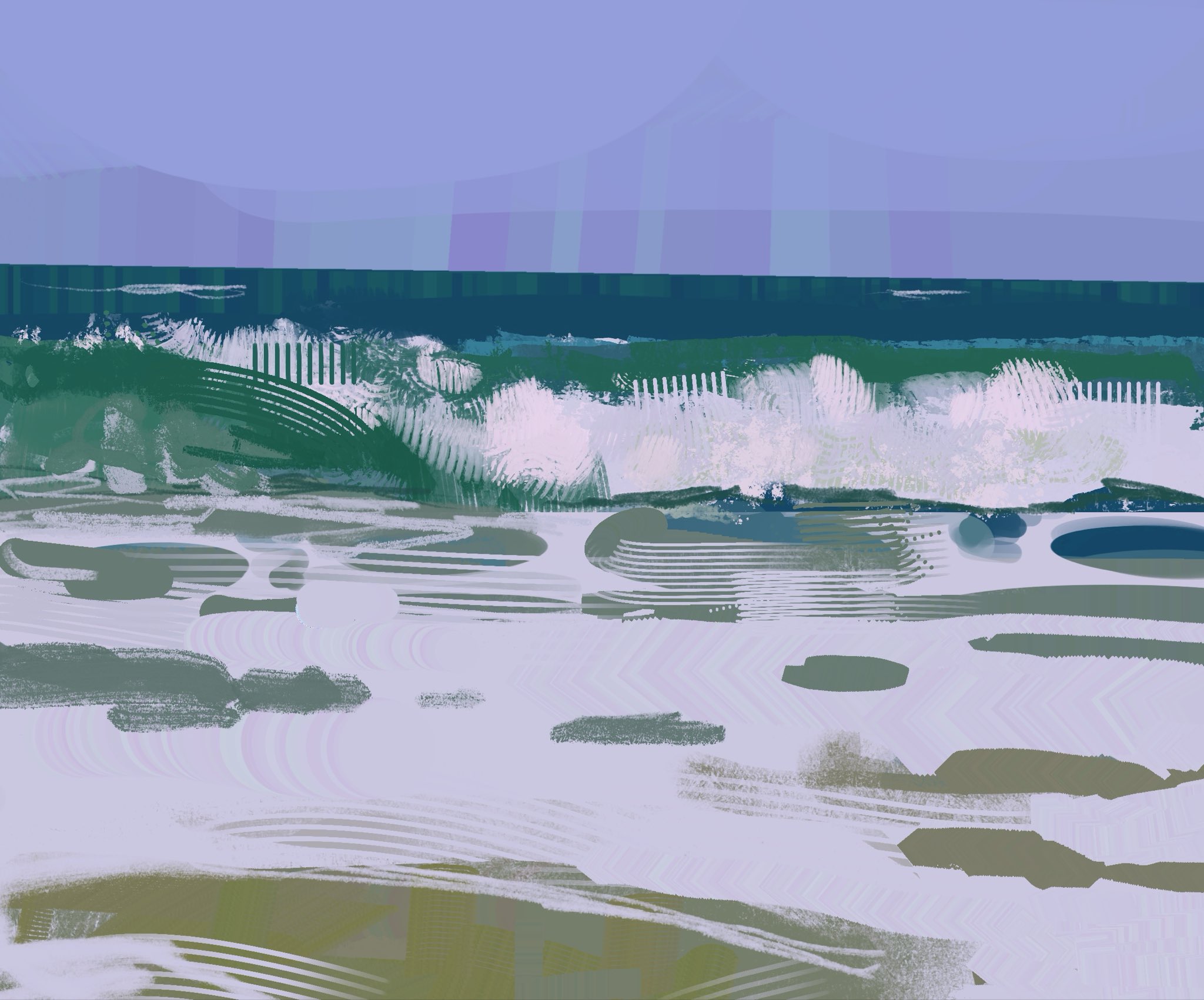 medamayaki27760, original, highres, blue sky, brush stroke, horizon, muted color, no humans, ocean, outdoors, painterly, scenery, seascape, shore, sky, surf, waves