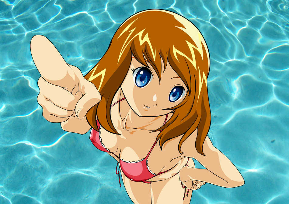 xilver100 (artist), may (pokemon), nintendo, pokemon, pokemon: lucario and the mystery of mew, pokemon (anime), pokemon rse (anime), 1girl, bikini, blue eyes, breasts, brown hair, female focus, large breasts, official alternate costume, pointing, pointing at viewer, side-tie bikini bottom, solo, swimsuit, water