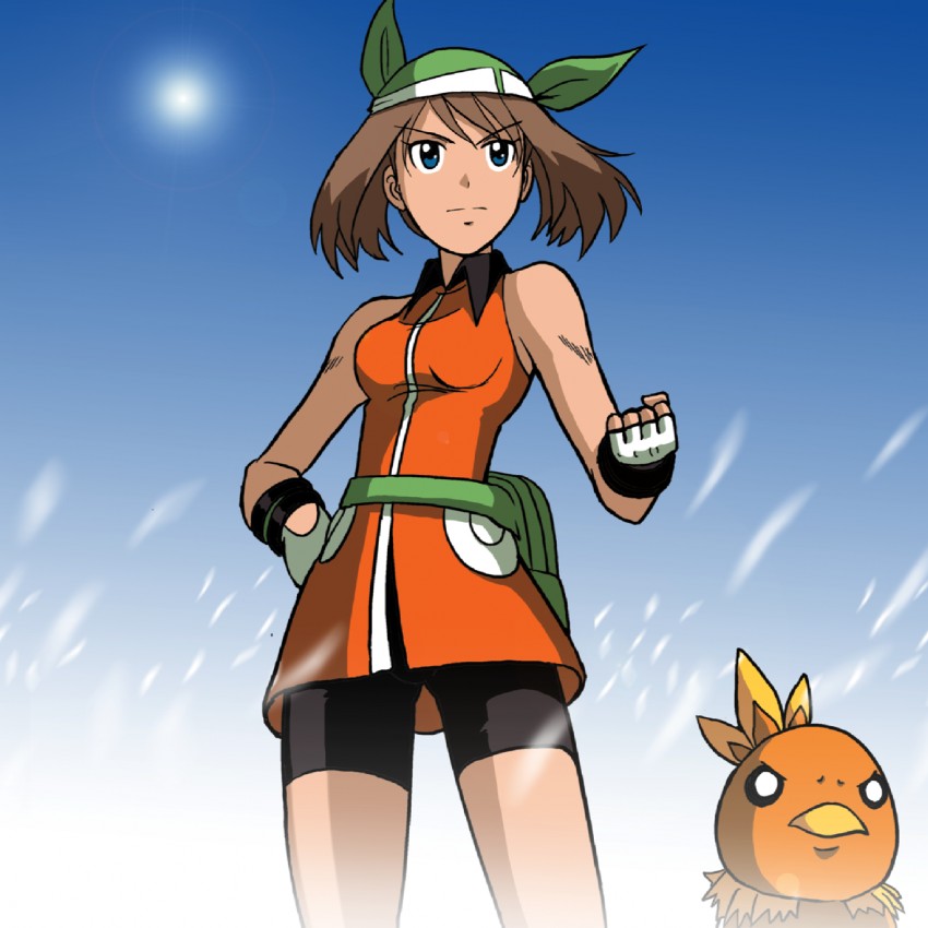 takaya n, may (pokemon), torchic, nintendo, pokemon, tagme, 1girl, blue eyes, brown hair, gen 3 pokemon, pokemon (creature)