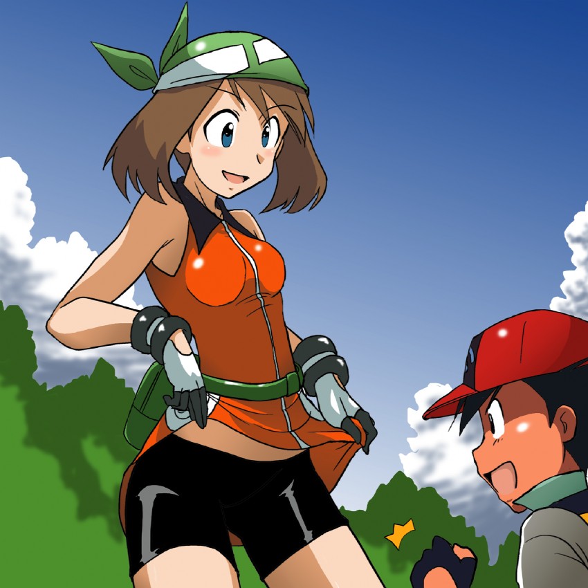 haruka (pokemon), pokemon, bike shorts, latex, shirt lift