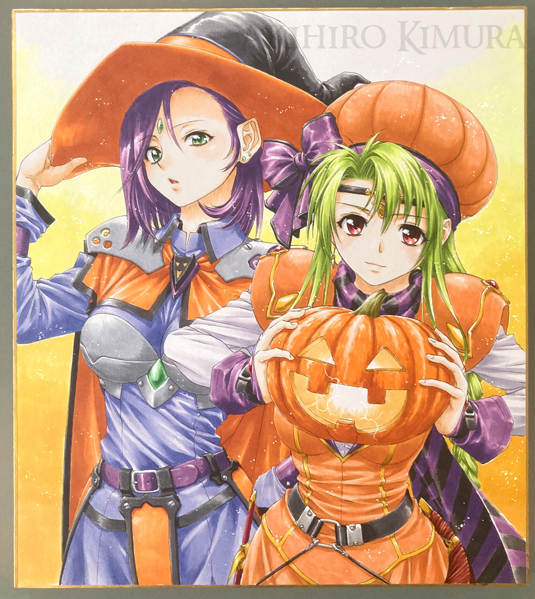 kimura akihiro, highres, 2girls, belt, breasts, closed mouth, emerald dragon, halloween, halloween costume, hat, jack-o'-lantern, long hair, looking at viewer, multiple girls, pharna (emerald dragon), pumpkin, pumpkin hat, smile, tamrin (emerald dragon), witch hat