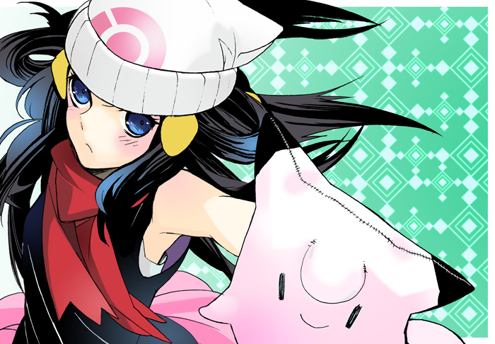 shiratama moyashi, shirodama moyashi, clefairy, dawn (pokemon), nintendo, pokemon, bad id, bad pixiv id, 1girl, :>, :<, beanie, black hair, blue eyes, blush, female focus, gen 1 pokemon, hair ornament, hairclip, hat, long hair, pokemon (creature), scarf, solo, stuffed animal, stuffed toy