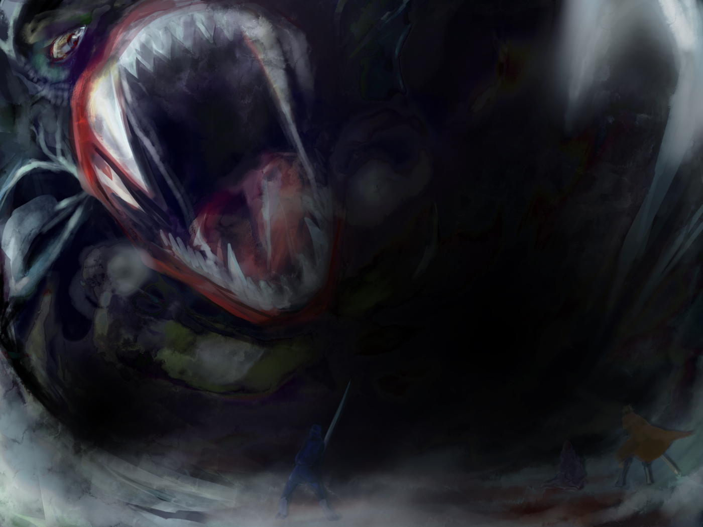 hargon, monster request, prince of lorasia, prince of samantoria, princess of moonbrook, chunsoft, dragon quest, dragon quest ii, enix, 1980s (style), 1girl, 2boys, darkness, demon, multiple boys, oldschool, open mouth, sharp teeth, sword, teeth, weapon