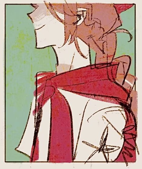 vous allez beaux reve, wolfgang amadeus mozart (classicaloid), classicaloid, 1boy, border, braid, closed mouth, faceless, faceless male, from side, green background, hat, head out of frame, jacket around neck, long hair, male focus, shirt, short sleeves, smile, solo, upper body, white border, white shirt