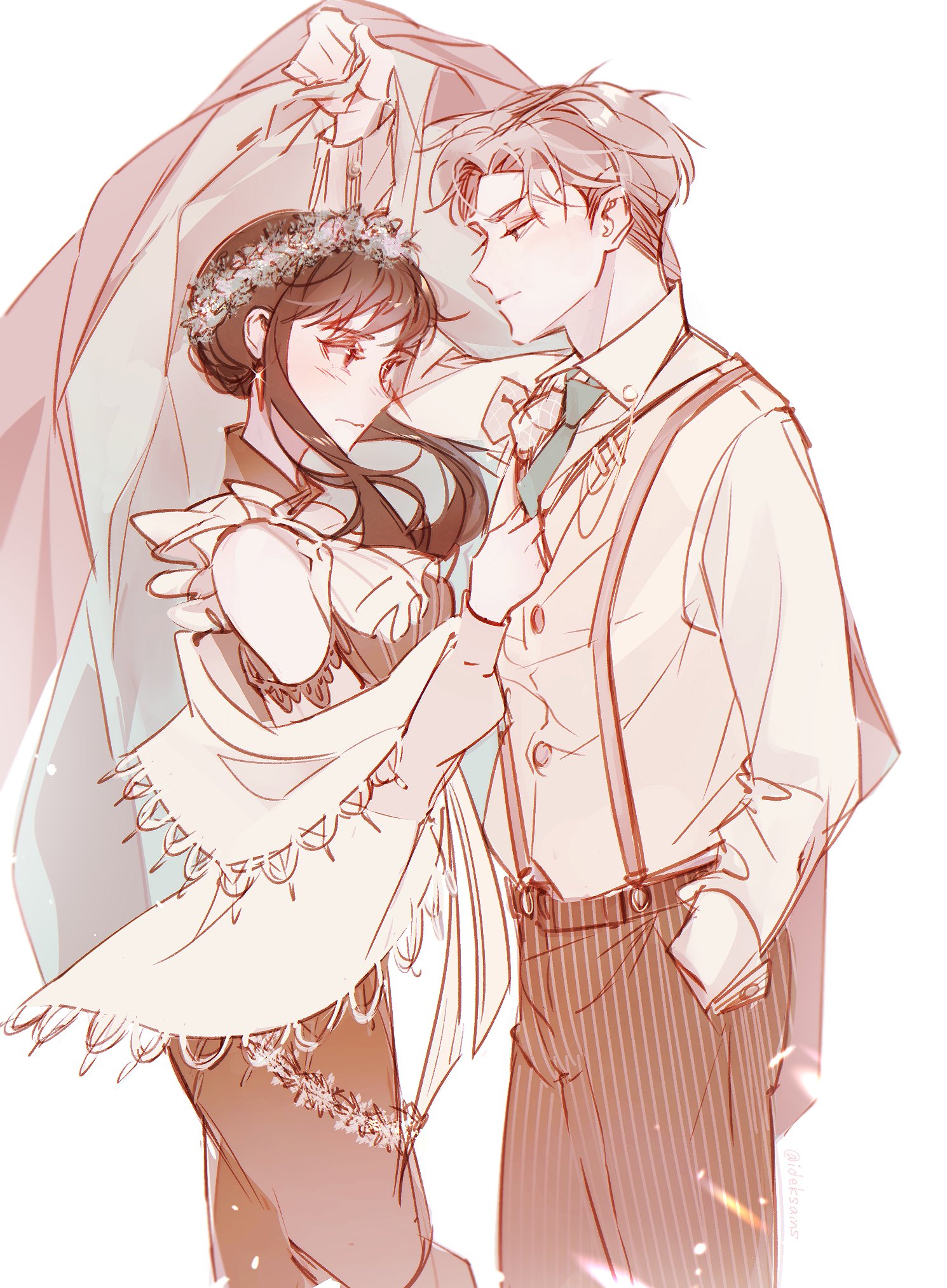 ideksams, twilight (spy x family), yor briar, spy x family, highres, 1boy, 1girl, black hair, blonde hair, blue eyes, blush, breasts, couple, dress, earrings, gold earrings, hairband, hetero, husband and wife, jewelry, large breasts, long hair, long sleeves, red eyes, shirt, short hair, sidelocks, smile