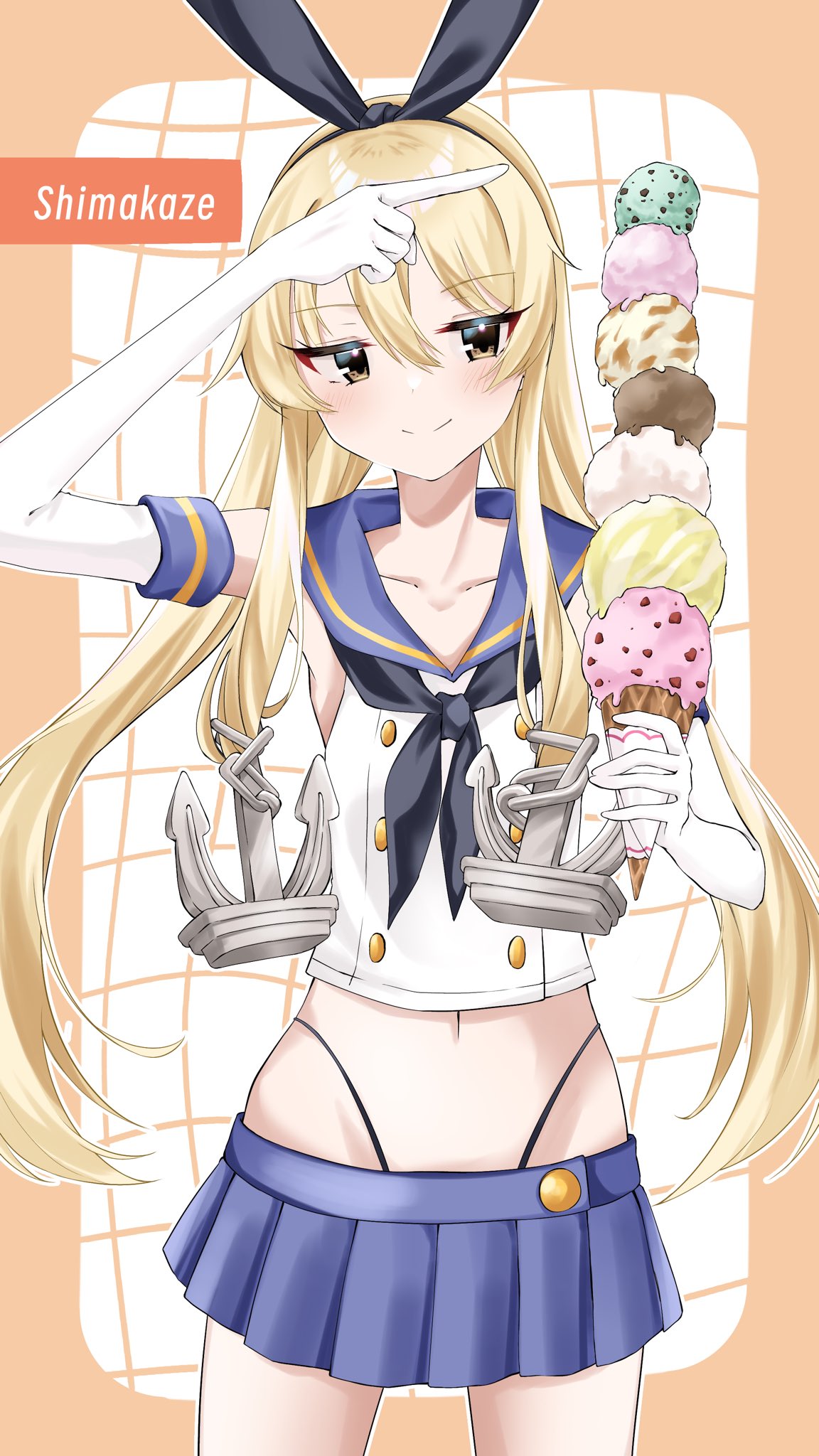 shiratsuki azu, shimakaze (kancolle), kantai collection, commentary request, highres, 1girl, anchor hair ornament, black hairband, black neckerchief, black panties, blonde hair, blue sailor collar, blue skirt, character name, crop top, elbow gloves, food, gloves, grey eyes, hair ornament, hairband, highleg, highleg panties, holding, holding food, holding ice cream, holding ice cream cone, ice cream, ice cream cone, long hair, microskirt, miniskirt, multiple scoops, neckerchief, panties, pleated skirt, sailor collar, shirt, skirt, sleeveless, sleeveless shirt, solo, striped clothes, striped thighhighs, thighhighs, too many, too many scoops, underwear, white gloves