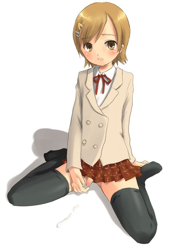 mako-chan (minami-ke), makoto (minami-ke), minami-ke, 00s, 1boy, aged down, blush, brown hair, cum, foreskin, looking at viewer, male focus, miniskirt, penis, phimosis, plaid clothes, plaid skirt, ribbon, shota, simple background, sitting, skirt, small penis, solo, thighhighs, trap, wariza, white background, zettai ryouiki