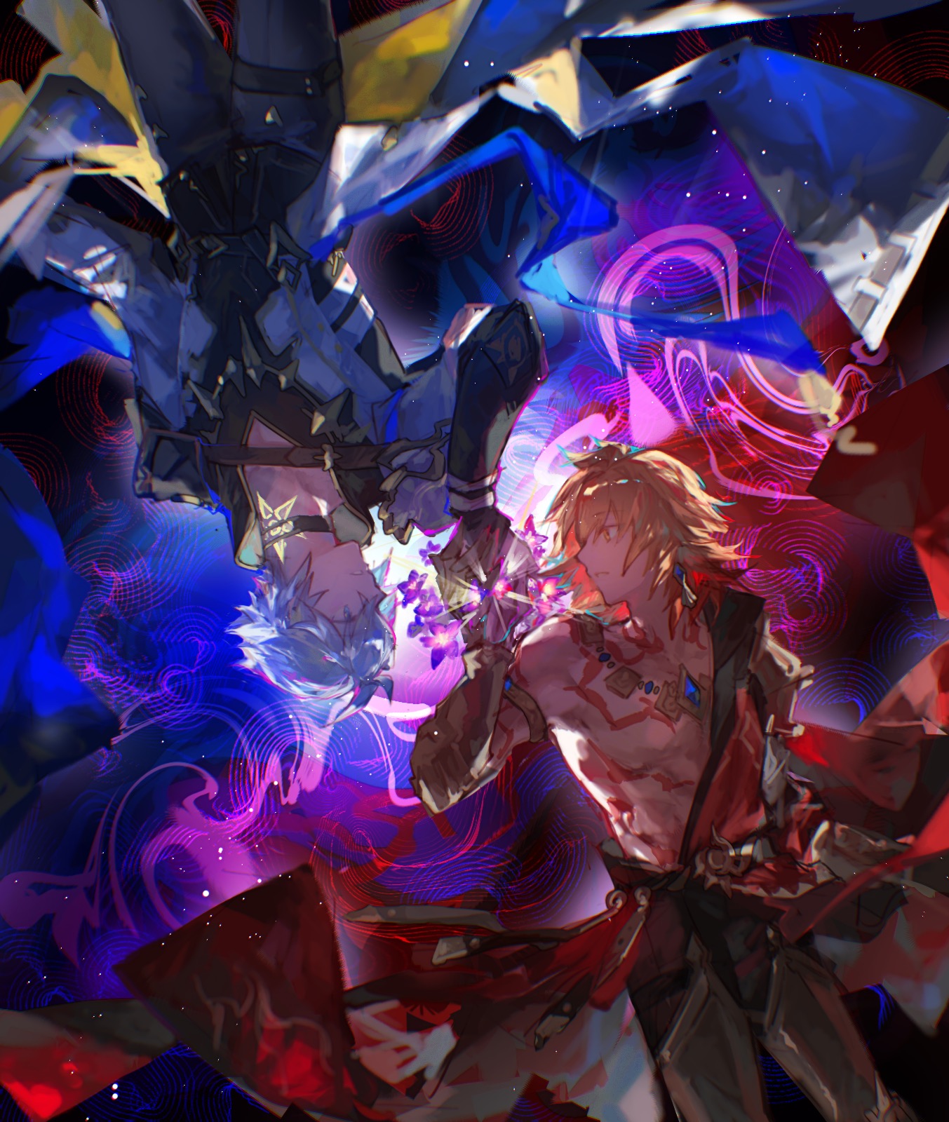 mydei (honkai: star rail), phainon (honkai: star rail), honkai: star rail, honkai (series), chinese commentary, commentary request, highres, 2boys, antenna hair, arm tattoo, armlet, armor, black choker, black coat, black shirt, blonde hair, blue cape, blue eyes, braid, cape, chest tattoo, choker, clawed gauntlets, coat, earrings, facial tattoo, gold earrings, gold necklace, gradient hair, jewelry, male focus, medium hair, multicolored hair, multiple boys, neck tattoo, necklace, open clothes, open coat, parted bangs, pauldrons, red cape, red hair, red tattoo, shirt, short hair, shoulder armor, side braid, single pauldron, sun symbol, sun tattoo, tan, tattoo, white coat, white hair, xinjinjumin6201790, yellow eyes