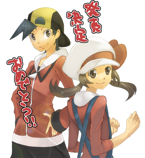 hamana, papapa928, ethan (pokemon), lyra (pokemon), nintendo, pokemon, pokemon hgss, translation request, 00s, 1boy, 1girl, alternate costume, baseball cap, bow, brown eyes, brown hair, hat, hat ribbon, hood, hoodie, newsboy cap, overalls, red ribbon, ribbon, short twintails, smile, suspenders, twintails