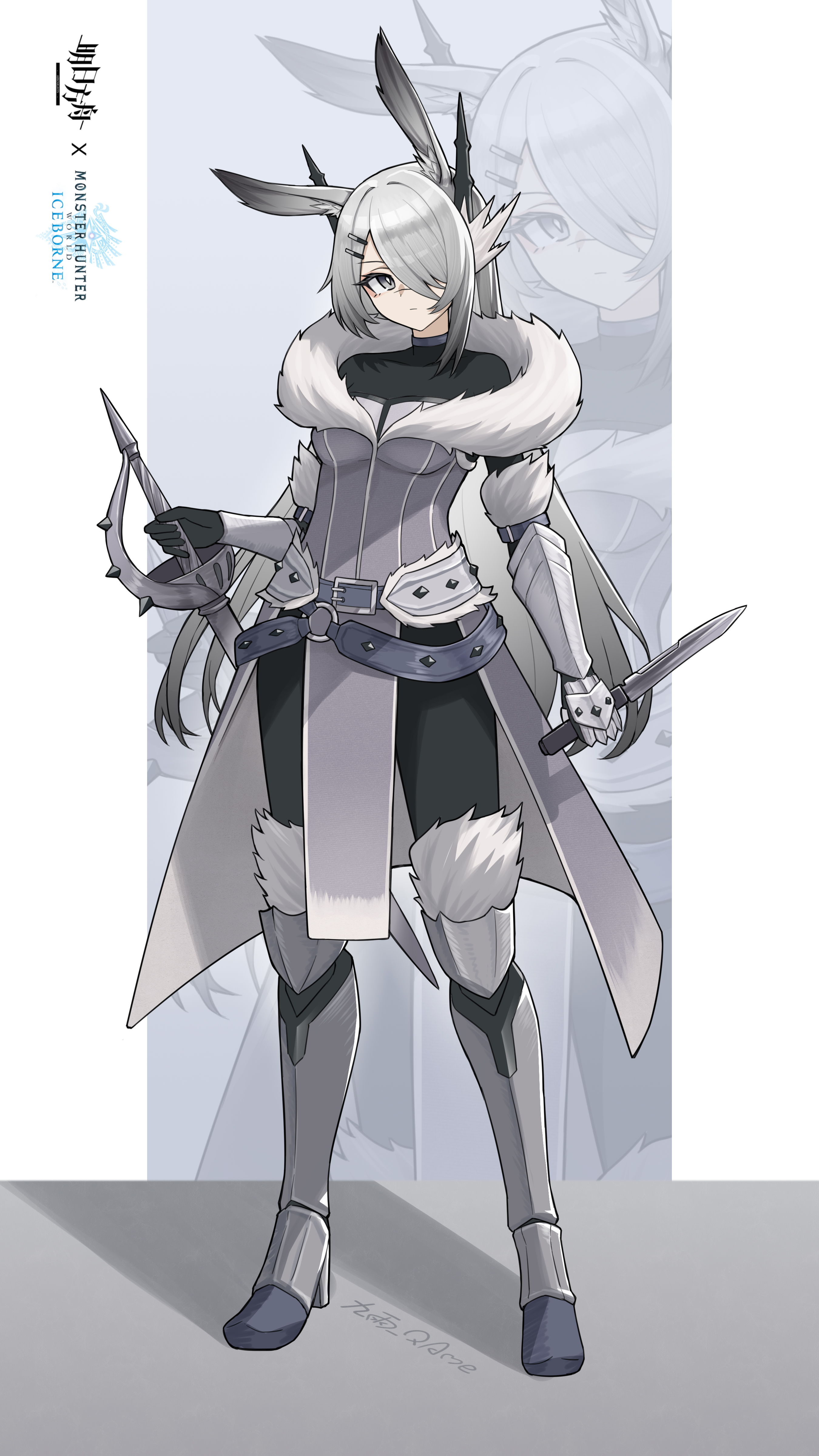 jiuyu qame, frostnova (arknights), arknights, monster hunter: world, monster hunter (series), monster hunter world: iceborne, absurdres, chinese commentary, commentary request, highres, 1girl, alternate costume, animal ears, armor, armored boots, belt, belt buckle, black pantyhose, boots, bright pupils, buckle, closed mouth, copyright name, full body, fur-trimmed boots, fur trim, grey belt, grey eyes, grey hair, hair ornament, hairclip, holding, holding knife, holding sword, holding weapon, knife, long hair, looking at viewer, o-ring, o-ring belt, pantyhose, scar, scar on face, scar on nose, solo, standing, sword, thigh boots, vambraces, weapon, white pupils, zoom layer