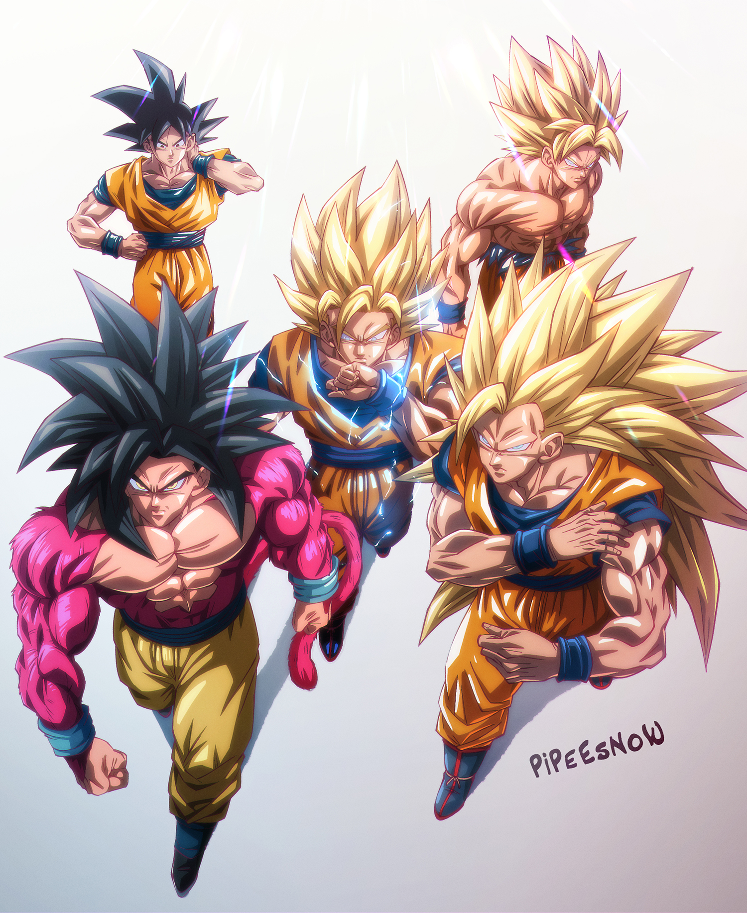 pipeesnow, son goku, dragon ball, dragon ball gt, dragonball z, highres, black eyes, black hair, blonde hair, dougi, long hair, looking at viewer, male focus, monkey boy, monkey tail, multiple boys, multiple persona, muscular, muscular male, orange pants, pants, pectorals, saiyan, shirt, short hair, simple background, spiked hair, super saiyan, super saiyan 1, super saiyan 2, super saiyan 3, super saiyan 4, tail, wristband