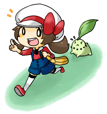 toriten, chikorita, lyra (pokemon), nintendo, pokemon, pokemon hgss, bad id, bad pixiv id, lowres, > <, 00s, 1girl, bag, bow, brown hair, chibi, closed eyes, full body, gen 2 pokemon, hat, hat ribbon, kneehighs, newsboy cap, overalls, pokemon (creature), red ribbon, ribbon, running, short twintails, socks, thighhighs, twintails