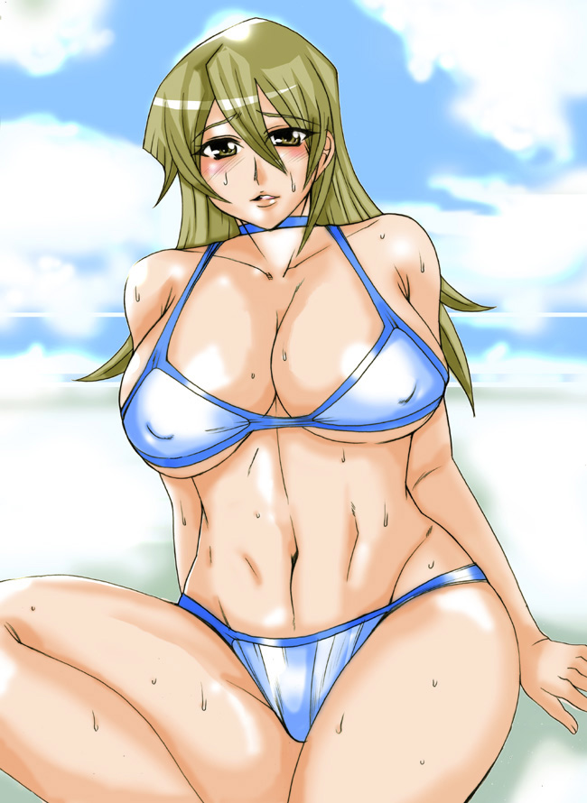coma03, kouma (coma03), tenjouin asuka, yu-gi-oh!, yu-gi-oh! gx, 1girl, blonde hair, blush, breasts, brown eyes, choker, cleavage, female focus, huge breasts, large breasts, long hair, sitting, solo, sweat, swimsuit, underboob