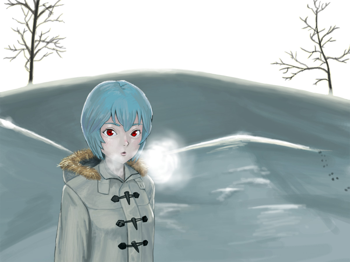 hac9, ayanami rei, neon genesis evangelion, bad id, bad pixiv id, blue hair, breath, coat, cold, red eyes, short hair, snow, solo, toggles, tree