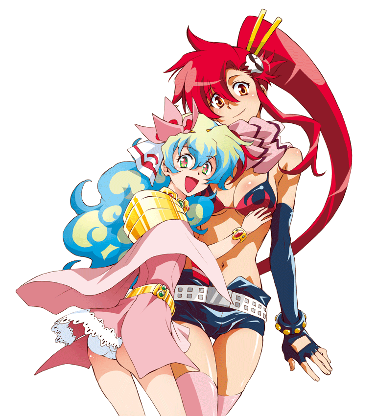 kurenai karasu, nia teppelin, yoko littner, tengen toppa gurren lagann, + +, 00s, 2girls, aqua eyes, aqua hair, bangle, bare shoulders, belt, bikini, bikini top only, blush, bracelet, breasts, cameltoe, cleavage, cross-shaped pupils, curly hair, detached sleeves, dress, fingerless gloves, flower, gloves, hair flower, hair ornament, hairclip, hairpin, happy, jewelry, long hair, midriff, multicolored hair, multiple girls, navel, open mouth, orange eyes, panties, pantyshot, pink dress, pink skirt, pink thighhighs, ponytail, red hair, scarf, shorts, sidelocks, skirt, skull, smile, swimsuit, symbol-shaped pupils, thighhighs, underwear, very long hair