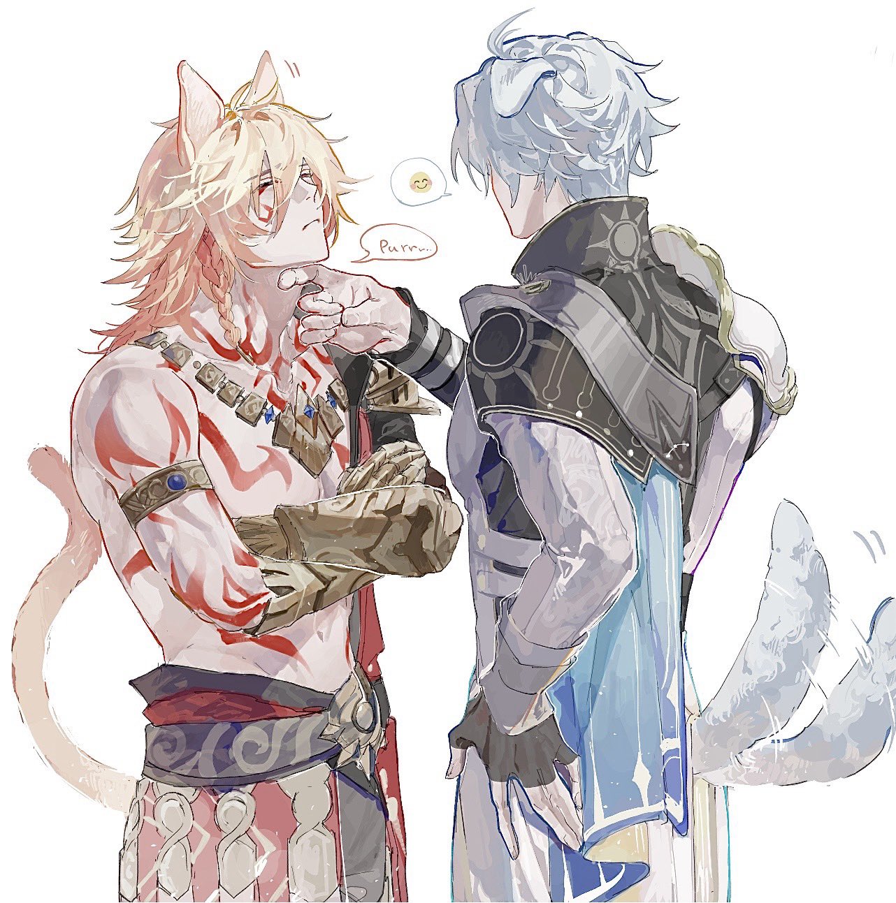 sunset 1830, mydei (honkai: star rail), phainon (honkai: star rail), honkai: star rail, honkai (series), commentary, highres, symbol-only commentary, 2boys, animal ears, antenna hair, arm tattoo, armlet, armor, black coat, black gloves, black shirt, blonde hair, blue cape, braid, cape, cat ears, cat tail, chest tattoo, clawed gauntlets, closed eyes, coat, crossed arms, dog boy, dog ears, dog tail, earrings, facial tattoo, fingerless gloves, gloves, gold earrings, gold necklace, gradient hair, jewelry, male focus, medium hair, multicolored hair, multiple boys, neck tattoo, necklace, open clothes, open coat, pauldrons, red hair, red tattoo, shirt, short hair, shoulder armor, side braid, side cape, simple background, single glove, single pauldron, spoken emoji, tail, tail wagging, tattoo, white background, white coat, white hair, yaoi