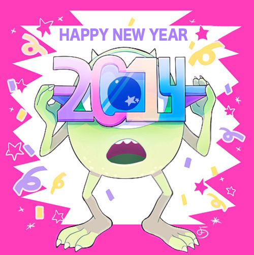 yokotn, mike wazowski, monsters inc., 1boy, 2014, animification, colored skin, cyclops, full body, green eyes, green skin, happy new year, horns, male focus, multicolored hair, new year, no humans, one-eyed, solo, streaked hair, teeth