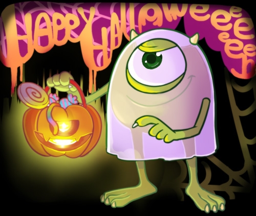 yokotn, mike wazowski, monsters inc., lowres, 1boy, animification, colored skin, cyclops, full body, green eyes, green skin, halloween, horns, male focus, no humans, one-eyed, solo, teeth