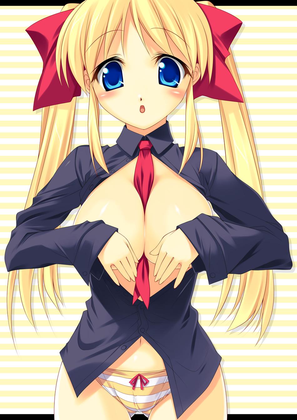 kinoshita ichi, original, highres, 1girl, between breasts, blonde hair, blue eyes, blush, bow, bow panties, breasts, cameltoe, dress shirt, female focus, fingernails, framed breasts, hair ribbon, huge breasts, long hair, long sleeves, looking at viewer, navel, necktie, no pants, open mouth, orange panties, panties, ribbon, shirt, solo, standing, striped background, striped clothes, striped panties, thigh gap, twintails, unbuttoned, underwear