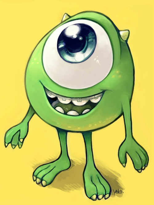 yokotn, mike wazowski, monsters inc., 1boy, animification, blue eyes, colored skin, cyclops, full body, green eyes, green skin, happy, horns, male focus, no humans, one-eyed, open mouth, smile, solo, teeth