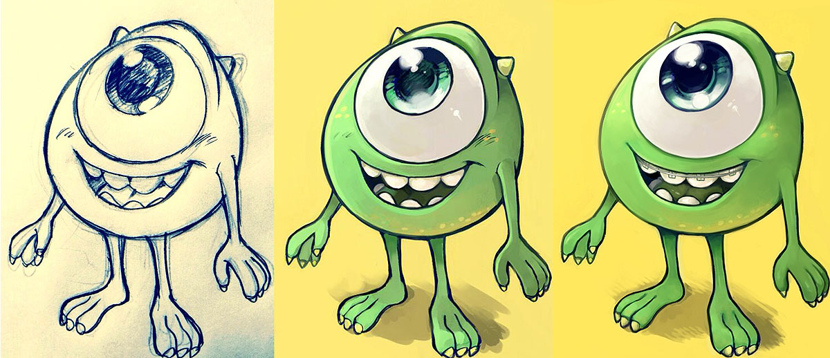 yokotn, mike wazowski, monsters inc., 1boy, animification, blue eyes, colored skin, cyclops, full body, green eyes, green skin, happy, horns, male focus, multiple persona, no humans, one-eyed, open mouth, smile, solo, teeth