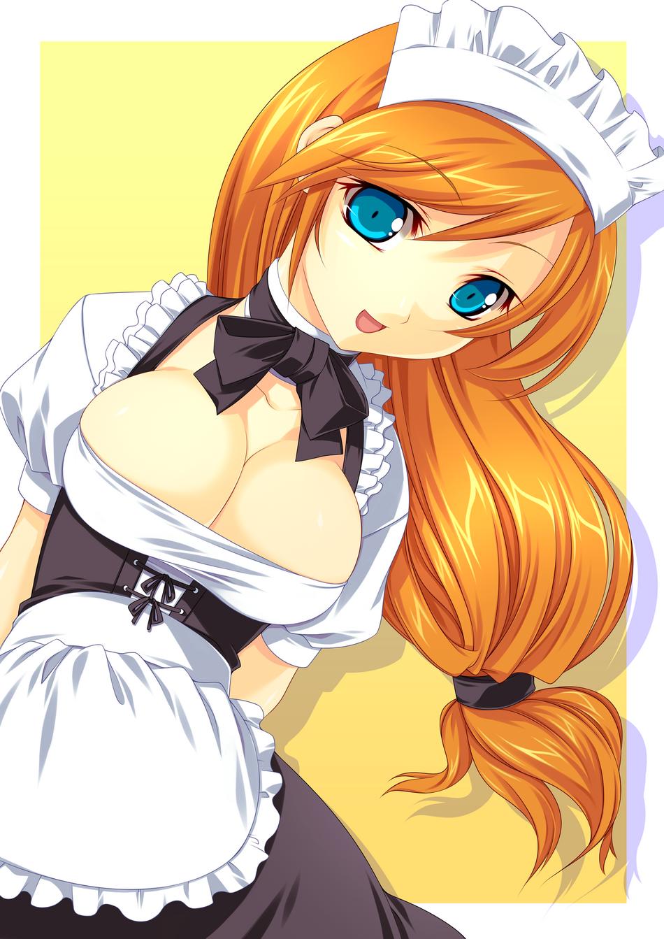 kinoshita ichi, original, uniform, highres, 1girl, :d, apron, arm behind back, blue eyes, breasts, cleavage, collarbone, head tilt, large breasts, laughing, long hair, looking at viewer, maid, maid headdress, open mouth, orange hair, shadow, smile, solo, standing