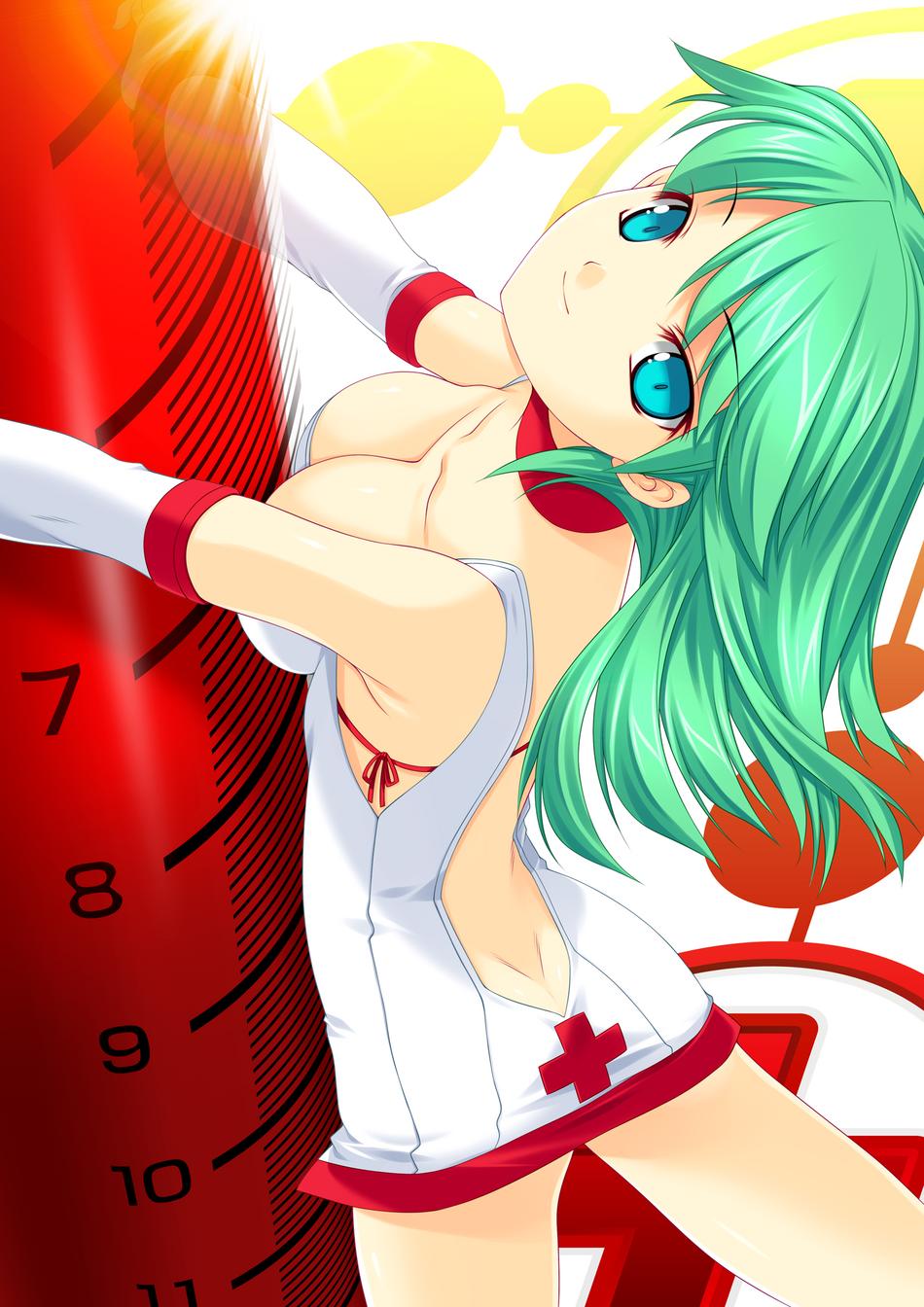 kinoshita ichi, highres, 1girl, aqua eyes, breasts, cleavage, collar, female focus, green eyes, green hair, hat, long hair, matching hair/eyes, nurse, smile, solo