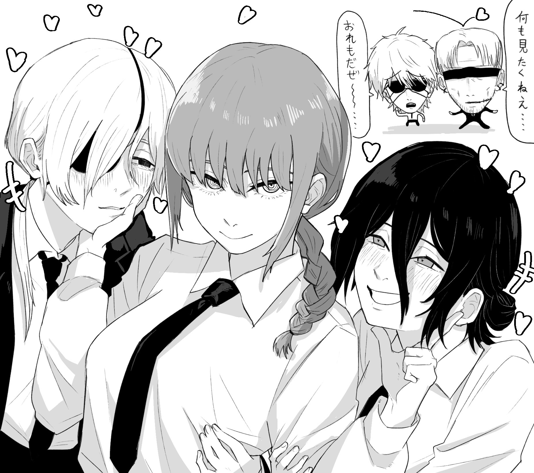 denji (chainsaw man), kishibe (chainsaw man), makima (chainsaw man), quanxi (chainsaw man), reze (chainsaw man), chainsaw man, commentary request, highres, translation request, 2boys, 3girls, black hair, blush, breasts, collared shirt, green eyes, hair between eyes, hair bun, kouchagozen22, multiple boys, multiple girls, ribbon, shirt, short hair, simple background, smile, white shirt, yuri