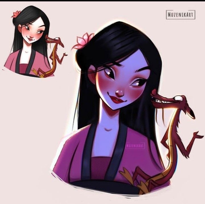 fa mulan (disney), mushu (disney), mulan (movie), artist request, non-web source, source request, 1boy, 1girl, animification, asian, black hair, brown eyes, chinese clothes, dragon, dress, eastern dragon, hanfu, long hair, looking at viewer, makeup, simple background, small dragon, smile