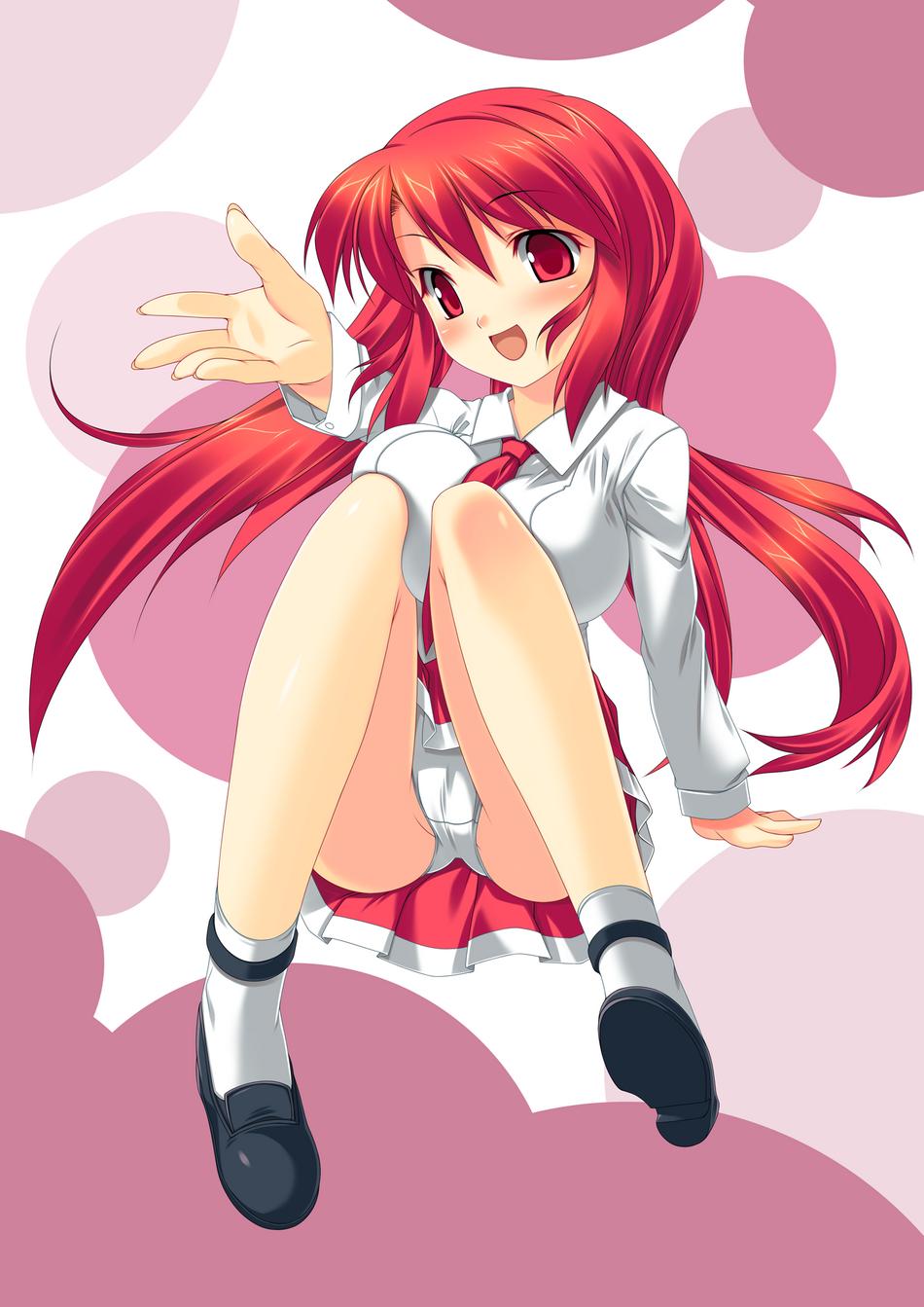 kinoshita ichi, highres, jpeg artifacts, 1girl, blush, female focus, foreshortening, happy, laughing, long hair, necktie, open mouth, outstretched arm, panties, pantyshot, red eyes, red hair, school uniform, simple background, sitting, skirt, smile, solo, underwear, upskirt, white panties