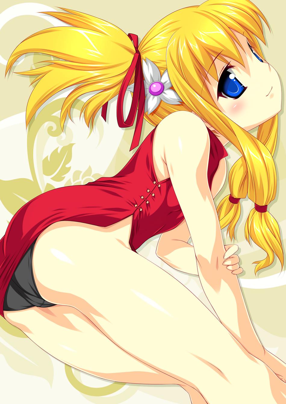 kinoshita ichi, highres, black panties, blonde hair, blue eyes, dress, flower, hair ribbon, long hair, panties, ponytail, ribbon, smile, solo, underwear