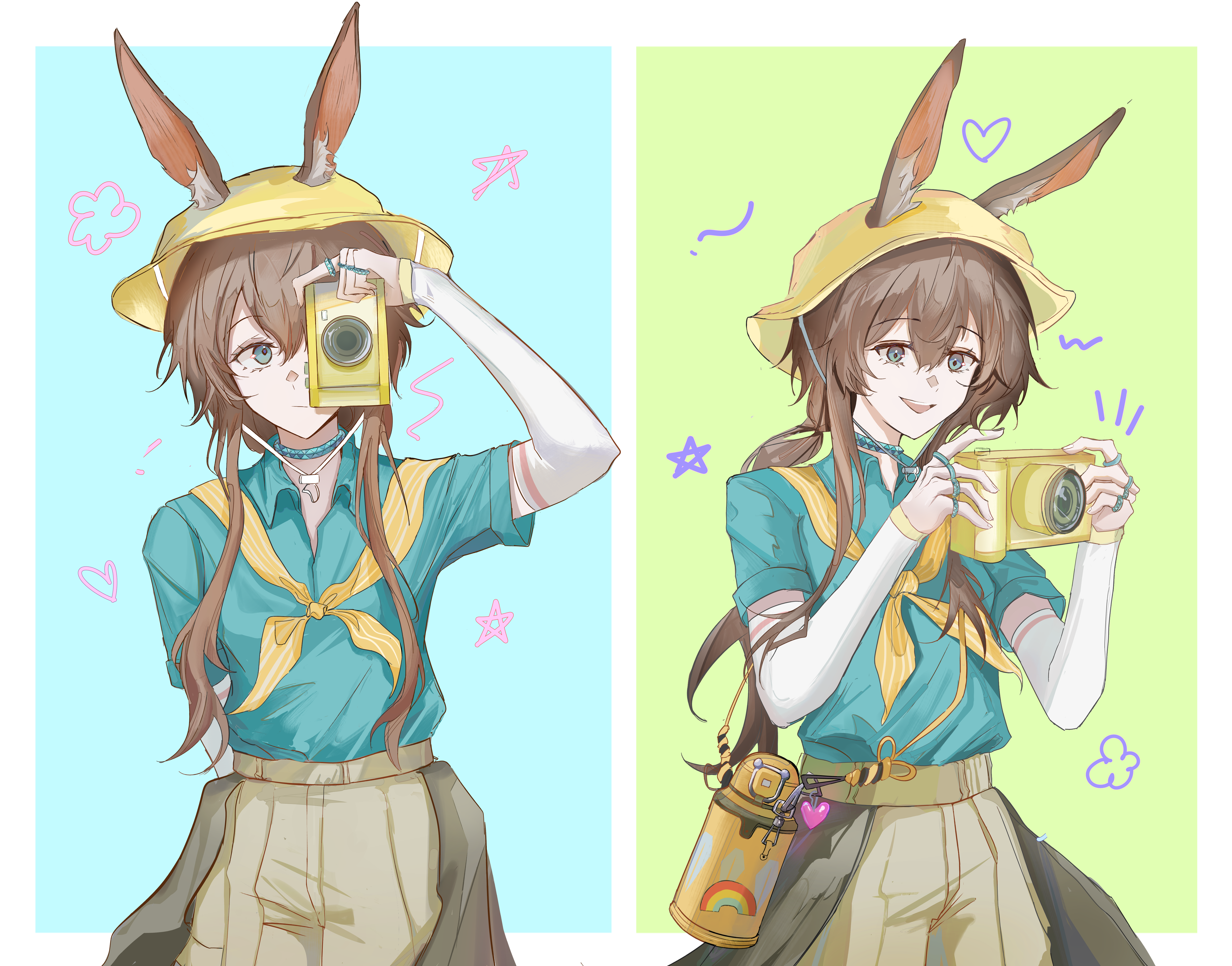 kaera, amiya (arknights), arknights, absurdres, highres, 1girl, :d, animal ears, blue background, blue collar, blue eyes, blue shirt, border, brown hair, camera, closed mouth, collar, collared shirt, cowboy shot, detached sleeves, ears through headwear, green background, hair between eyes, hat, heart, holding, holding camera, jewelry, long hair, long sleeves, multiple rings, multiple views, neckerchief, notice lines, open collar, open mouth, outside border, ring, shirt, short sleeves, smile, standing, star (symbol), taking picture, white border, white sleeves, yellow hat, yellow neckerchief