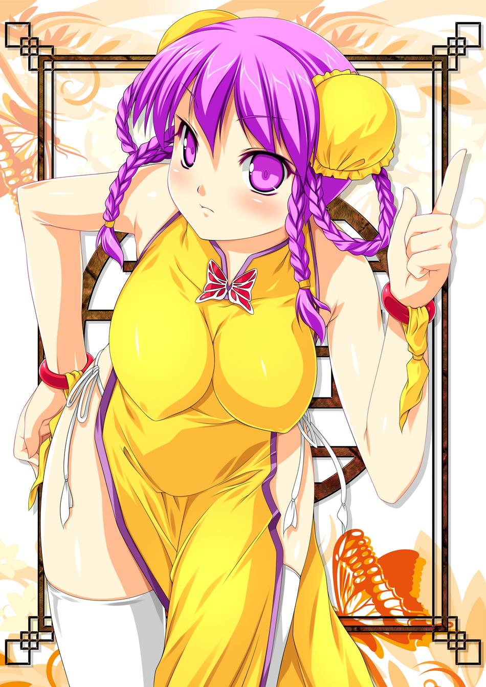 kinoshita ichi, original, highres, jpeg artifacts, 1girl, braid, breasts, bun cover, china dress, chinese clothes, double bun, dress, female focus, hair bun, hair rings, hand on own hip, hanging breasts, hip focus, leaning forward, panties, pointing, purple eyes, purple hair, side-tie panties, side slit, smile, solo, thighhighs, twin braids, underwear