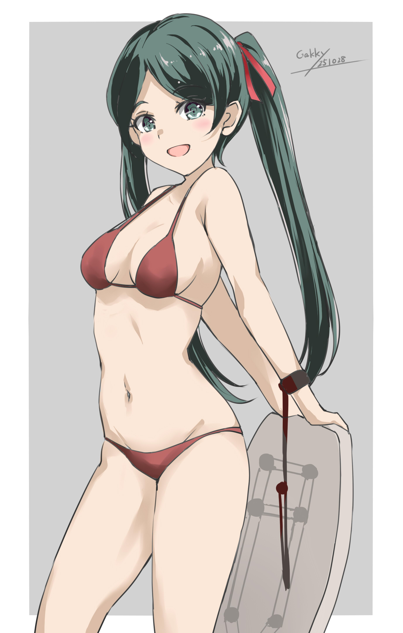 gakky, mikuma (2016 swimsuit) (kancolle), mikuma (kancolle), kantai collection, highres, 1girl, artist name, bikini, black hair, bodyboard, breasts, contrapposto, dated, green eyes, grey background, long hair, looking at viewer, lowleg, lowleg bikini, red bikini, simple background, small breasts, solo, standing, surfboard leash, swimsuit, two-tone background