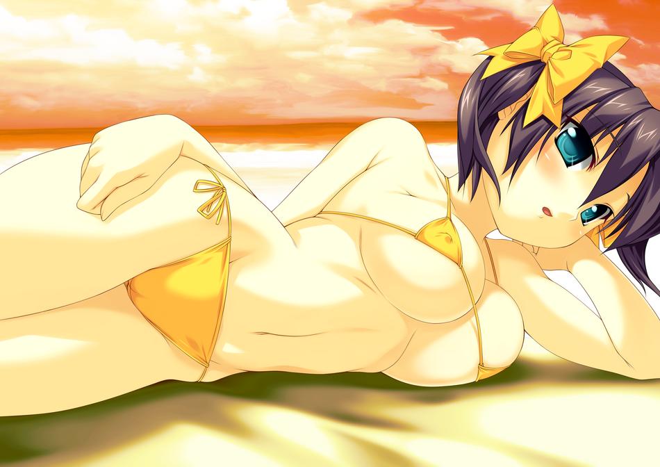 kinoshita ichi, original, jpeg artifacts, 1girl, aqua eyes, arm support, bare shoulders, beach, bikini, blush, bow, breasts, brown hair, cameltoe, cloud, covered erect nipples, female focus, hair bow, hair ribbon, large breasts, looking at viewer, lying, micro bikini, navel, on side, open mouth, outdoors, ribbon, sand, short hair, side-tie bikini bottom, sky, solo, string bikini, sunset, swimsuit, twintails, yellow bikini