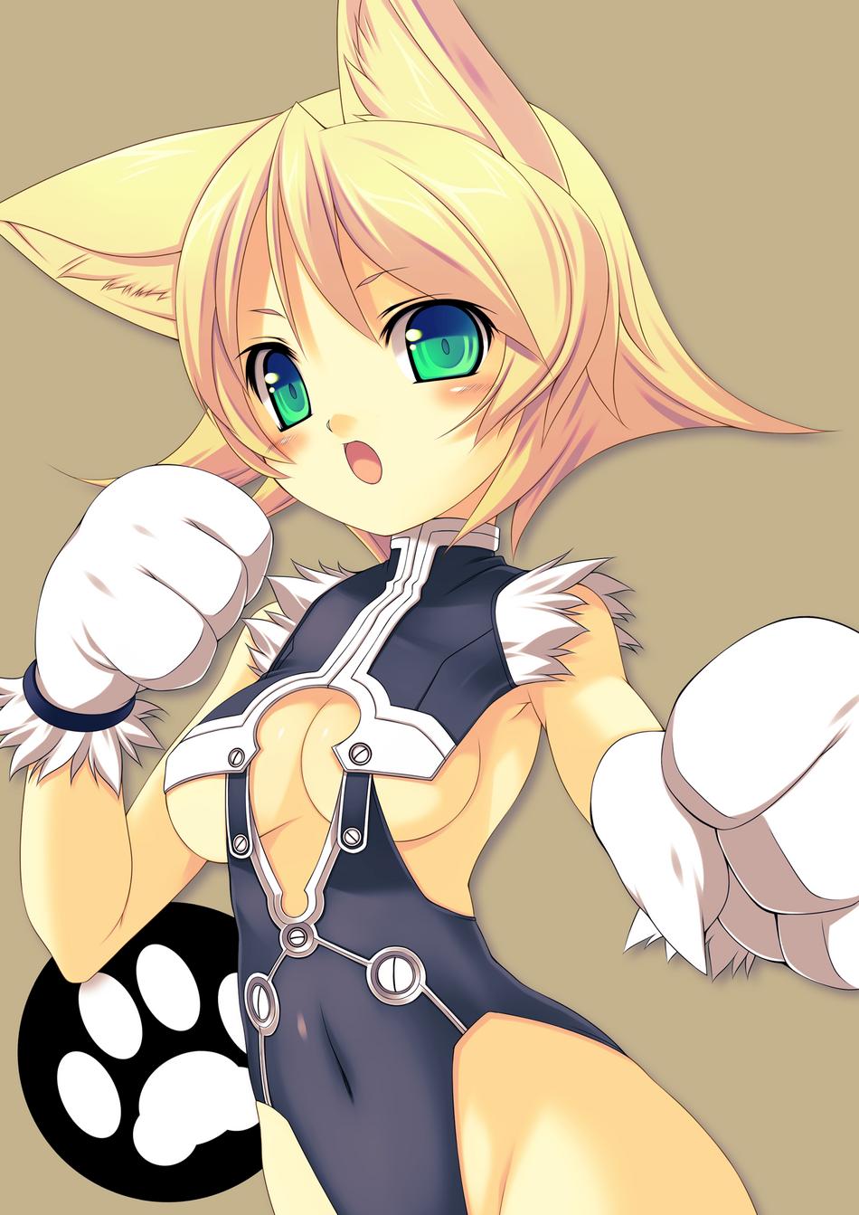 kinoshita ichi, highres, 1girl, animal ears, animal hands, blonde hair, blush, bodysuit, cat ears, female focus, green eyes, paw print, short hair, solo