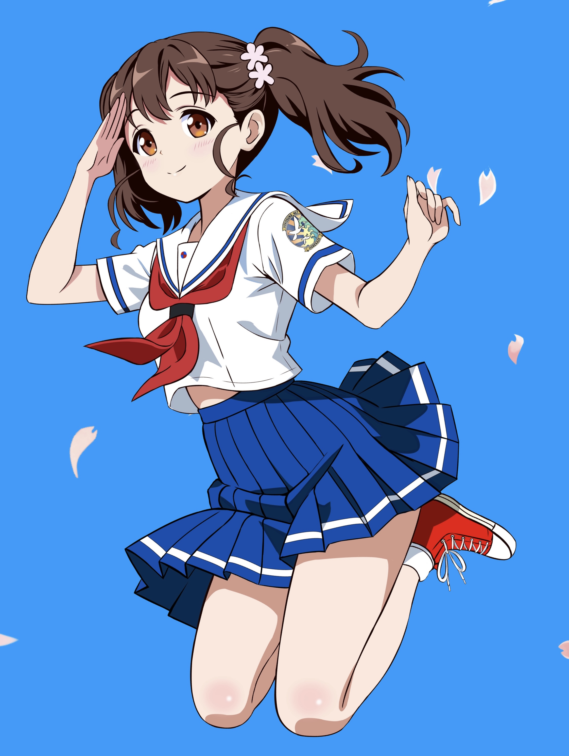 zaofeng, shiretoko rin, high school fleet, absurdres, highres, 1girl, blue background, blush, brown eyes, brown hair, flower, hair flower, hair ornament, jumping, long hair, looking at viewer, midriff peek, neckerchief, pleated skirt, red neckerchief, sailor collar, shirt, shirt overhang, shoes, short sleeves, skirt, smile, sneakers, socks, solo, thighs, twintails, white shirt, white socks