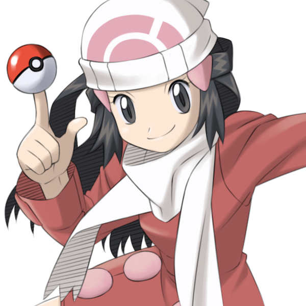 yagitori, dawn (pokemon), nintendo, pokemon, pokemon dppt, bad id, bad pixiv id, 00s, 1girl, alternate costume, balancing, beanie, black eyes, black hair, female focus, hair ornament, hairclip, hat, long hair, poke ball, poke ball (basic), scarf, simple background, smirk, solo, white background, white scarf, winter clothes